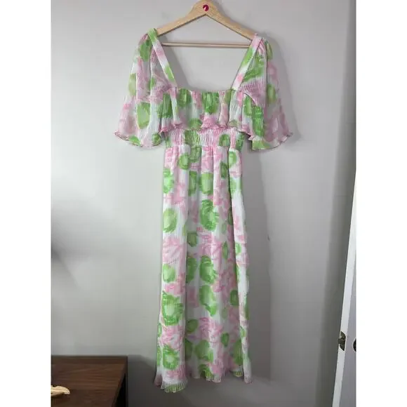 NWT Ganni Georgette Pleated Square Neck Shirred Green/Pink Midi Dress Size:  6